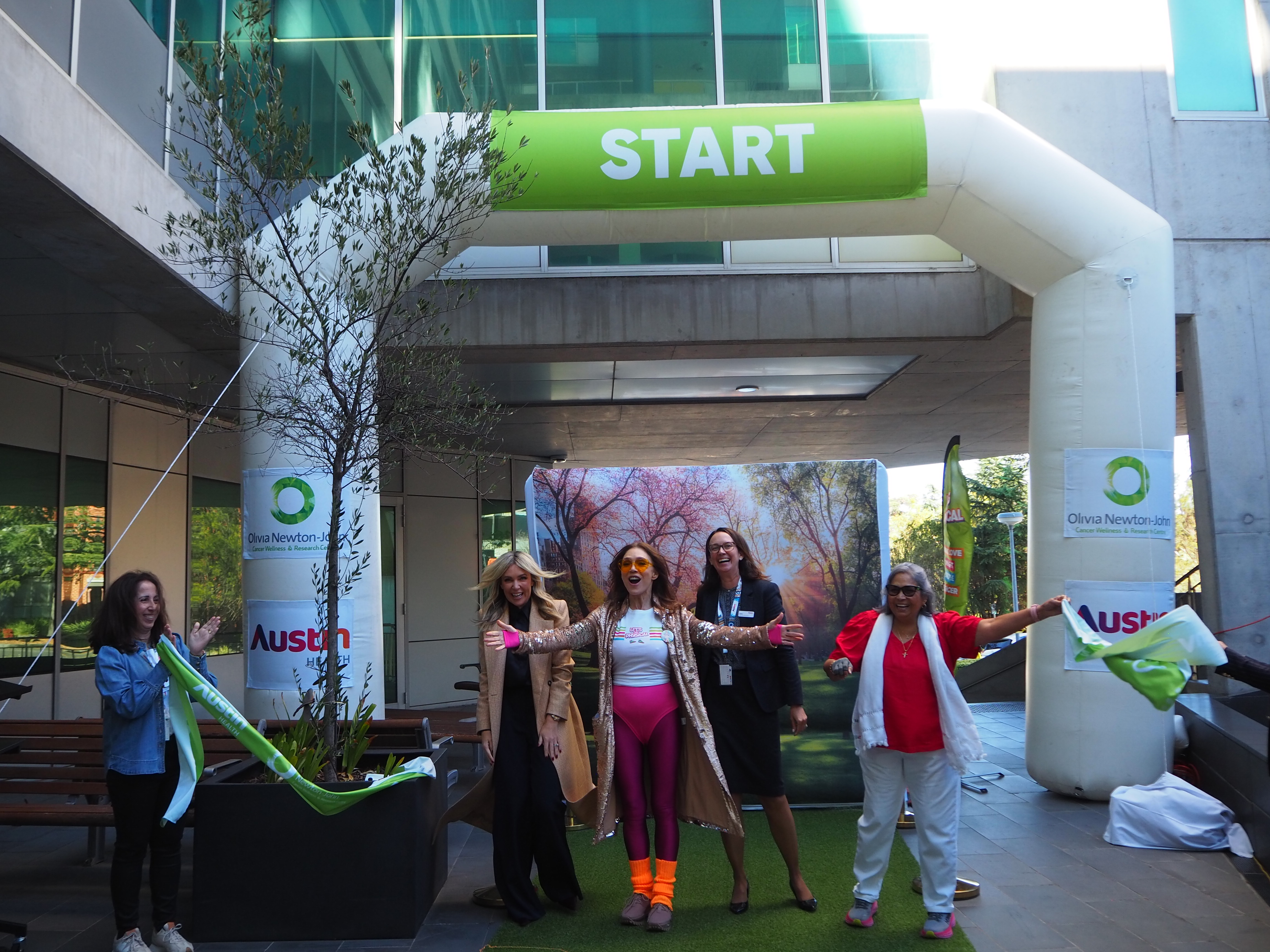 acqui Felgate, Tottie Goldsmith OAM, Austin Health CEO Jodie Geissler and Olivia Newton-John Cancer &amp; Wellness Centre patient Paulette officially launching Olivia’s Walk and Run for Wellness 2025
