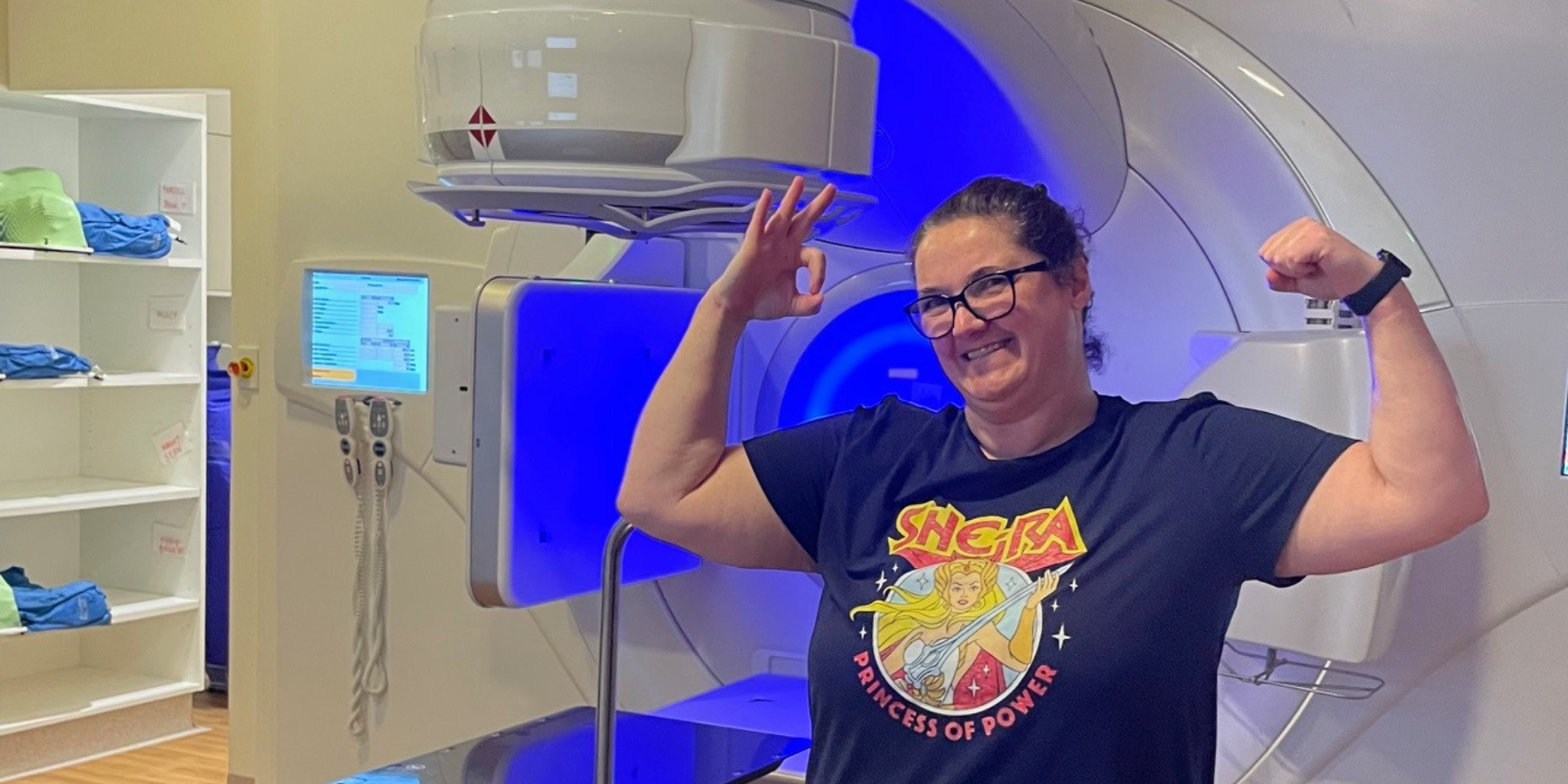 picture of helen in the radiation theraoy room
